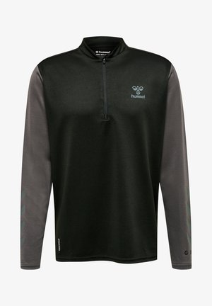 Sort langærmet zip-up skjorte med grå accenter. Har teksturerede ærmer og et brandlogo på brystet.