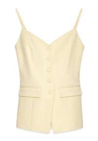 Kollane ilma varrukateta topp V-kaelusega, esine nupplukuga ja kahega taskuga vööl; valmistatud siledast, struktuurseist kangast.