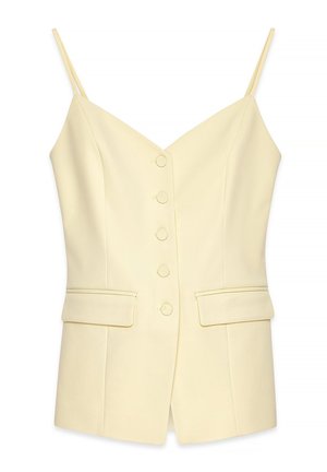 Haut sans manches jaune avec un décolleté en V, fermeture à boutons sur le devant et deux poches à la taille ; fabriqué en tissu lisse et structuré.