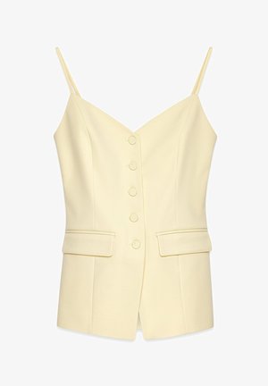 Haut sans manches jaune avec un décolleté en V, fermeture à boutons sur le devant et deux poches à la taille ; fabriqué en tissu lisse et structuré.