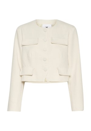 Cropped, cream-colored jacket made of textured fabric with a rounded collar, front button closure, and two chest pockets.