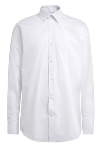 Weißes langärmliges Button-Down-Hemd mit spread Kragen, aus glattem Baumwollstoff gefertigt, mit fünf Knöpfen und geknöpften Ärmeln.