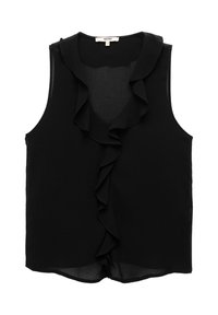 Schwarze ärmellose Bluse aus leichtem Stoff mit rüschenbesetztem Ausschnitt und Saum. Schlichter Schnitt mit lockerer Passform.