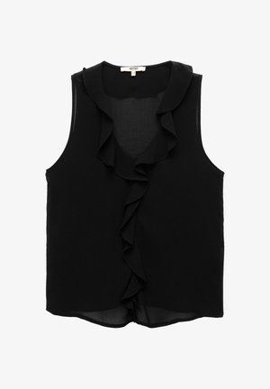 Czarna bezrękawnikowa bluzka z lekkiego materiału, z falbanami przy dekolcie i u dołu. Prosty krój i luźny fason.