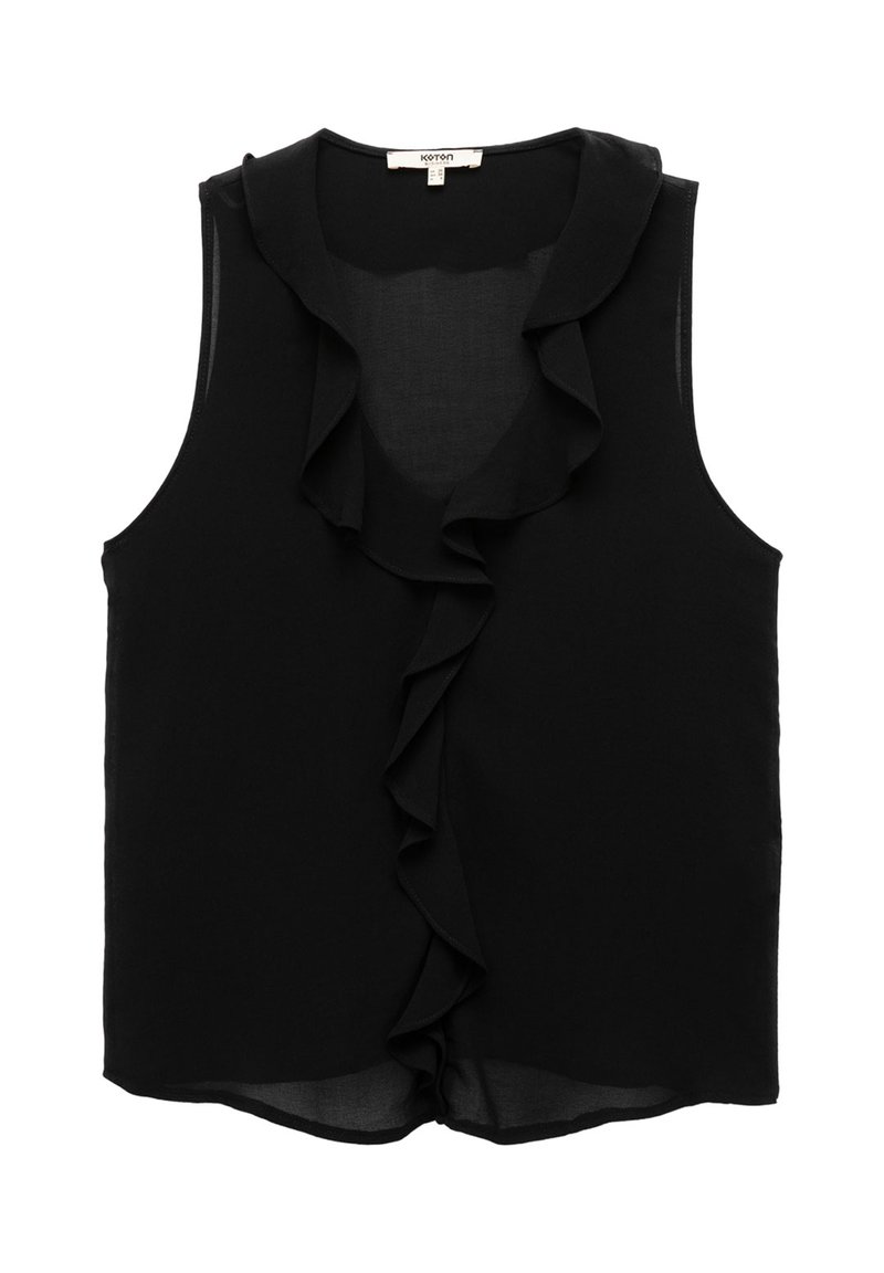 Schwarze ärmellose Bluse aus leichtem Stoff mit rüschenbesetztem Ausschnitt und Saum. Schlichter Schnitt mit lockerer Passform.