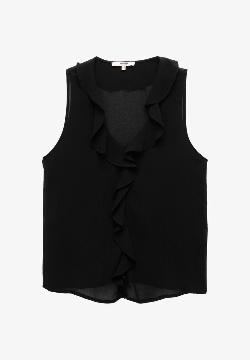 Schwarze ärmellose Bluse aus leichtem Stoff mit rüschenbesetztem Ausschnitt und Saum. Schlichter Schnitt mit lockerer Passform.