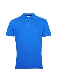 Blå kortärmad polo skjorta med krage och två-knapps knäppning, med en liten svart broderad logotyp på vänster bröst.