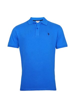 Blue short-sleeve polo shirt with collar and two-button placket, featuring a small black embroidered logo on the left chest.