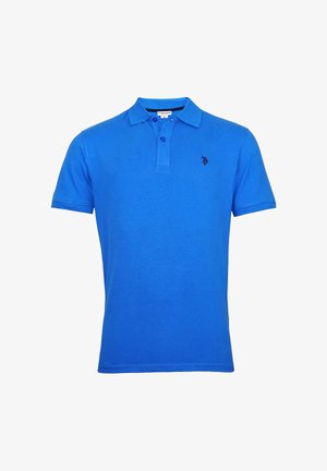 Polo shirt blu a maniche corte con colletto e chiusura a due bottoni, dotato di un piccolo logo ricamato nero sul lato sinistro del petto.