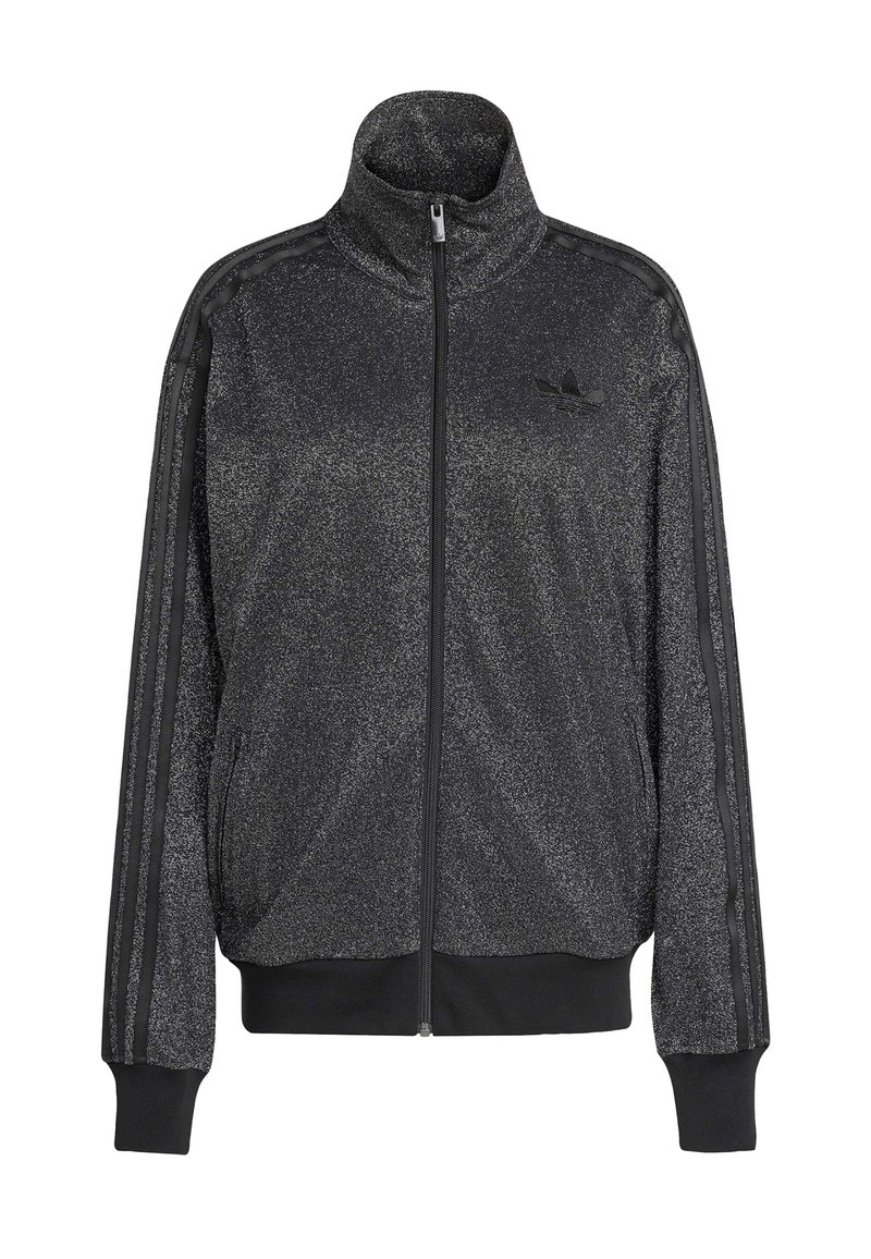 Zwarte en grijze gespikkelde zip-up jack met hoge kraag, ribbelmanchetten en -zoom, en zwarte strepen langs de mouwen.