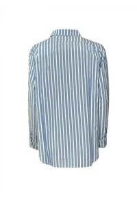 Camicia a maniche lunghe a righe blu e bianche, con colletto pieghevole, polsini con bottoni e una texture di cotone morbido.