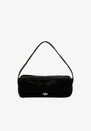 Bolso de hombro rectangular negro con cierre de cremallera y un logo blanco de Adidas trefoil en el centro delantero.