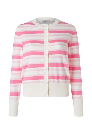 Różowo-biały kardigan w paski zapinany na guziki, z długimi rękawami oraz ściągaczami na mankietach, dole i kołnierzu, prezentowany na białym tle.