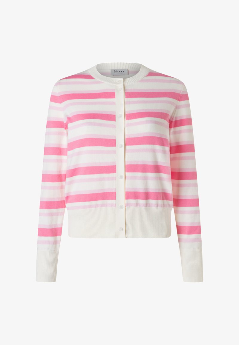 Cardigan à rayures roses et blanches avec boutons, manches longues et poignets, ourlet et col côtelés, présenté sur un fond blanc.
