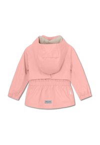Rosa lett jakke med hette, elastisk midje og lange ermer. Glatt tekstur, med en grå etikett på bakre kant.
