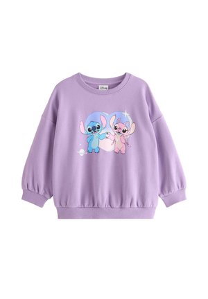 Fliederfarbener Sweatshirt mit langen Ärmeln mit blauen und pinken Cartoonfiguren, die sich vor einer Herzform und einer kleinen Planetenillustration an den Händen halten.
