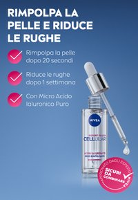 Bottiglia di siero in vetro trasparente con tappo contagocce argentato. L'etichetta presenta testo blu e rosa. Lo sfondo è un gradiente dal blu al blu scuro.