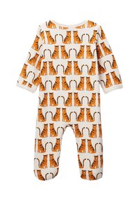 Un body en coton blanc avec un imprimé intégral de tigres en cartoon orange et noir, avec des manches longues et un design avec pieds.