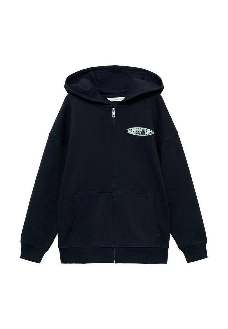 Mörkblå zip-hoodie i mjukt material, med en framficka och en logotyp med texten "CARIBBEAN SURF" i en ljusblå oval.