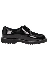 Scarpe in vernice nera con una trama liscia, dotate di un design con lacci e una suola in gomma robusta per garantire aderenza.