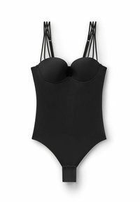 Schwarzer Body mit vorgeformten Cups, dünnen überkreuzten Trägern und einem Druckknopfverschluss am Boden; glattes Material ohne Muster.