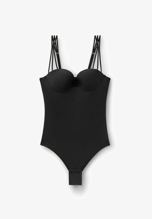 Bodysuit negro con copas moldeadas, delgadas tiras en forma de cruz en los hombros y un cierre a presión en la parte inferior; tela suave sin patrones.