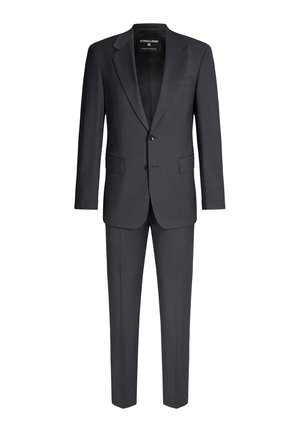 Costume de deux pièces pour homme, gris foncé texturé, avec blazer à revers et pantalon assorti, à simple boutonnage avec deux boutons et poches à rabat.