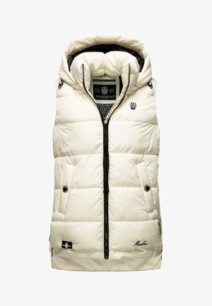 Polstret cremevest med hætte, med sort lynlås og lommer, tekstureret overflade med quiltet mønster og logo-detaljer.