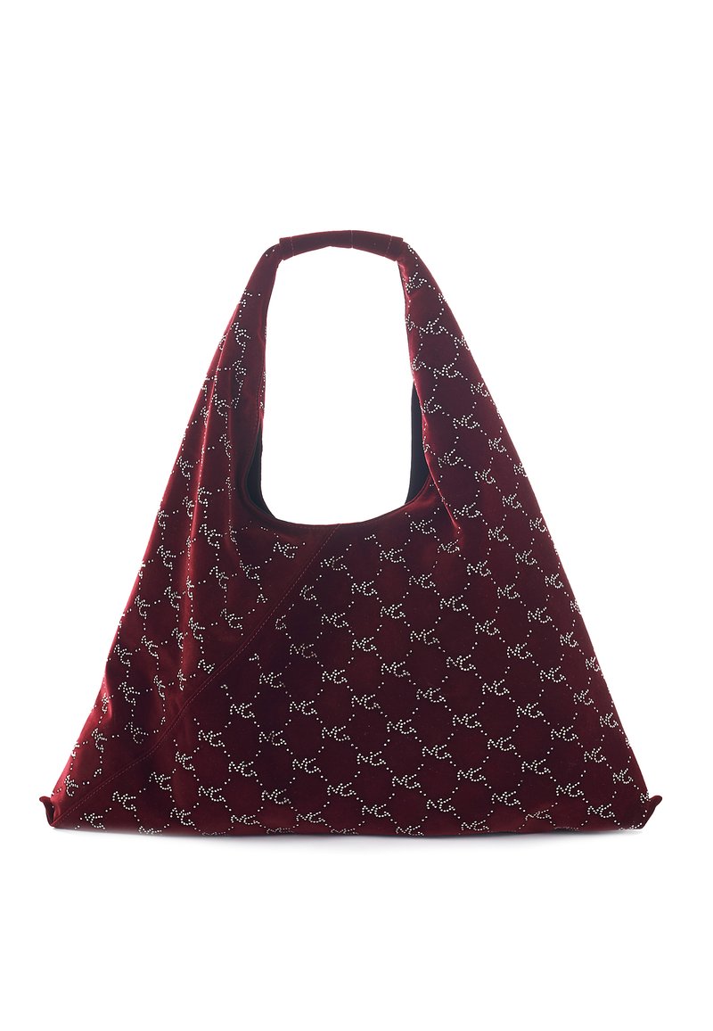 Borsa in velluto di un profondo bordeaux con manico a crochet, caratterizzata da un motivo astratto bianco. Texture morbida e silhouette moderna.