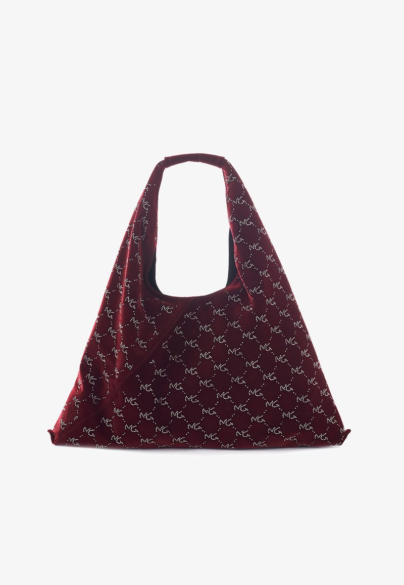 Borsa in velluto di un profondo bordeaux con manico a crochet, caratterizzata da un motivo astratto bianco. Texture morbida e silhouette moderna.