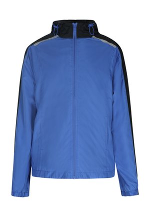Blauwe en zwarte windbreaker jas met rits, verstelbare capuchon, elastische manchetten en reflecterende details op de schouders. Lichtgewicht materiaal.