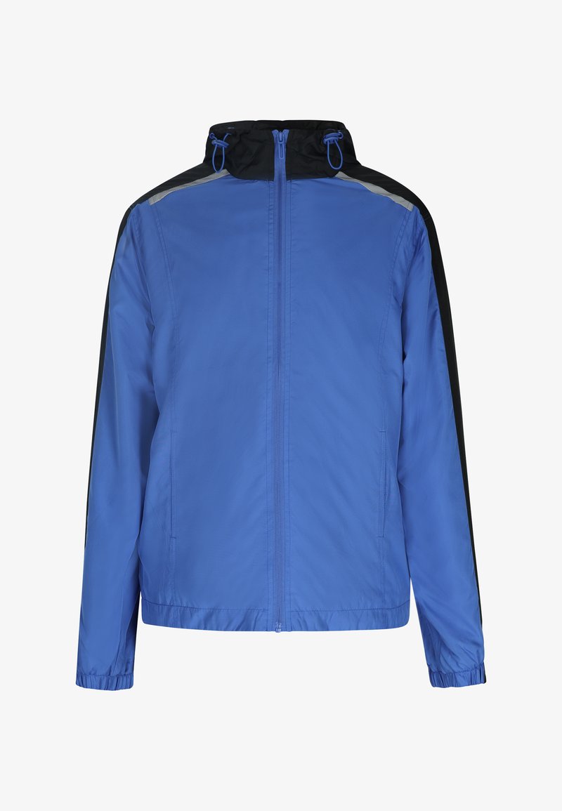 Blau- und schwarze Windbreaker-Jacke mit Reißverschluss, verstellbarer Kapuze, elastischen Bündchen und reflektierenden Details an den Schultern. Leichtes Material.