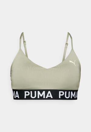 Svetlo zeleni bralet z tankimi nastavljivimi naramnicami, ki ima črn elastičen pas s potiskom "PUMA" v belih črkah. Gladka tekstura tkanine.