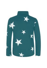 Tamsiai mėlynas ilgomis rankovėmis megztinis su baltomis žvaigždžių raštais, su apykakle ir lygiu paviršiumi, sukurtas patogumui ir lankstumui.