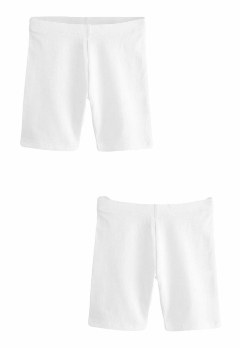 Shorts en coton blancs avec une taille élastique, présentant une texture lisse et un design ajusté, montrés de face et de dos.