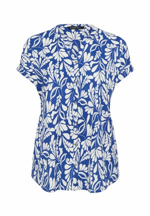 Blauwe blouse met korte mouwen, witte bloemenprint, knoopsluiting aan de voorkant en een kleine kraag.