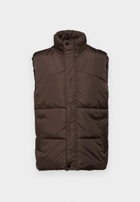 Brown, sleeveless padded vest with high neck, featuring a smooth exterior, quilted design, and two side pockets.