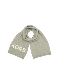 Écharpe tricotée côtelée grise avec un logo "KORS" blanc bien visible à une extrémité. Texture douce et conception longue et large pour chaleur et style.