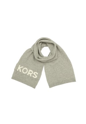 Bufanda de punto acanalado gris con un destacado logo blanco "KORS" en un extremo. Textura suave y diseño largo y ancho para brindar calidez y estilo.