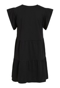 Robe noire avec des manches courtes en volants, design à plusieurs niveaux et coupe décontractée. Fabriquée en tissu léger, avec une texture douce.