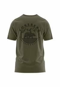 Olivenfarbener kurzärmeliger T-Shirt aus weichem Stoff, mit einem schwarzen geometrischen Bären- und Berggrafik auf dem Rücken, runder Ausschnitt.