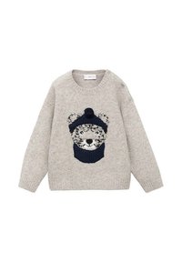 Hellgrauer Pullover mit einem bestickten Bären, der einen marineblauen Hut trägt, mit Rundhalsausschnitt, langen Ärmeln und seitlichen Knopfdetails.