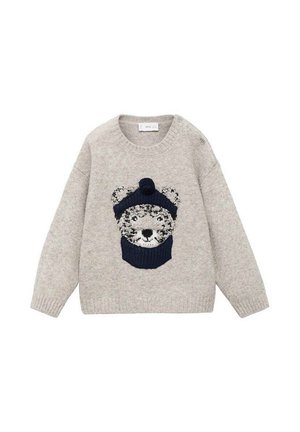 Pull gris clair avec un ours brodé portant un chapeau bleu marine, avec un col rond, des manches longues et des détails de boutons sur les côtés.
