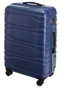 Harde koffer in marineblauw met horizontale ribbels, een uitschuifbare handgreep en vier 360-graden draaiewielen voor gemakkelijke manoeuvreerbaarheid.