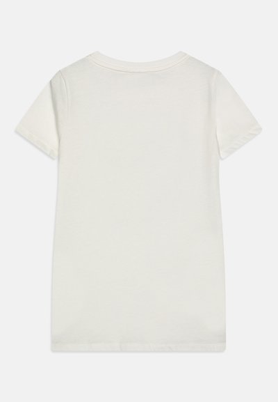 Λευκή βαμβακερή μπλούζα με στρογγυλή λαιμόκοψη και κοντά μανίκια, με απλή πλάτη και μαλακή υφή. Απλός και ευέλικτος σχεδιασμός.