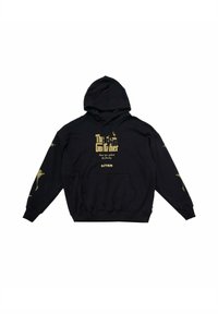 Felpa con cappuccio nera in cotone, caratterizzata da testo e dettagli dorati. Include una tasca frontale e polsini a costine. I punti salienti del design comprendono grafiche sulle maniche.