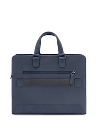 Dunkelblaue Leder-Laptoptasche mit doppelten Griffen, strukturiertem Oberflächen, vorderer Reißverschlusstasche und einem dunklen Stoff-Logo-Gurt auf der Vorderseite.
