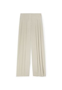 Pantalons plissés beiges à coupe droite, présentant de nombreux plis marqués sur le devant et une texture lisse. Conçus pour un ajustement sur mesure.