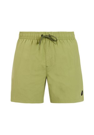 Lichtgroene herenshorts met een elastische tailleband en een zwart-groene trekkoord, met een klein rond zwart logo bij de zoom.
