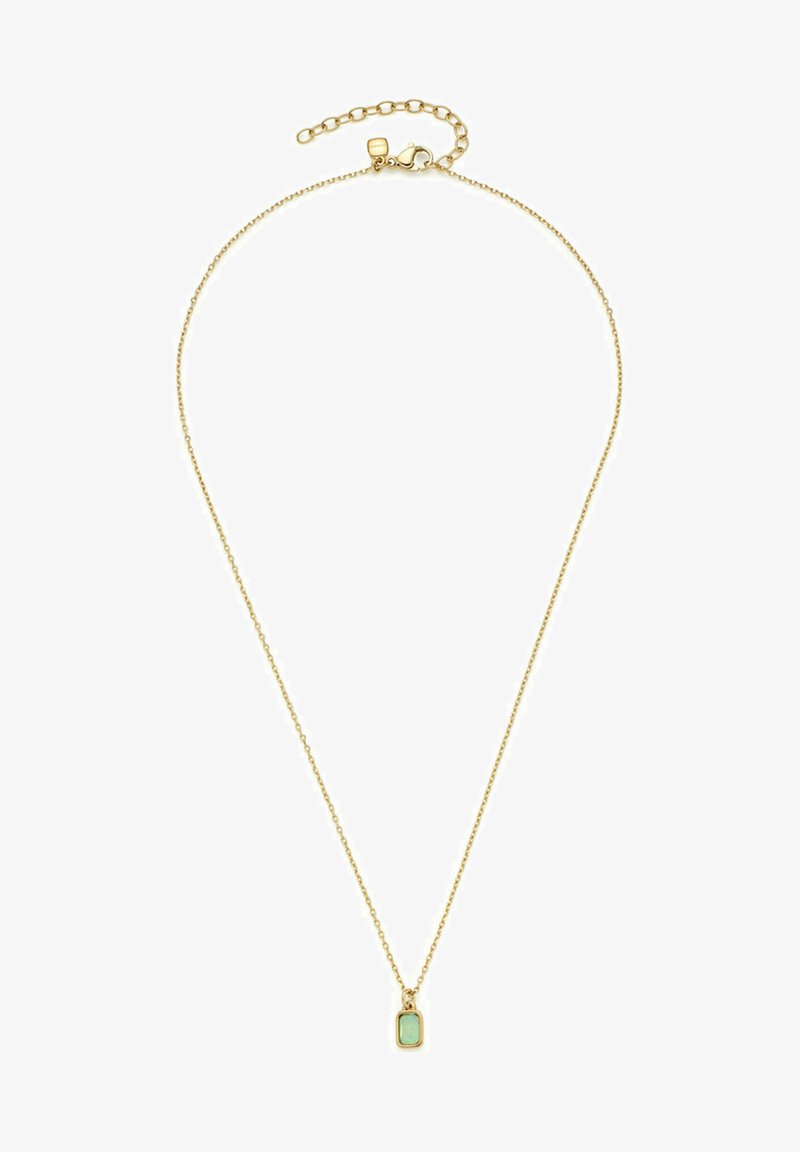 Gold-toned chain necklace with a rectangular mint-green stone pendant. Features an adjustable length with a clasp closure.